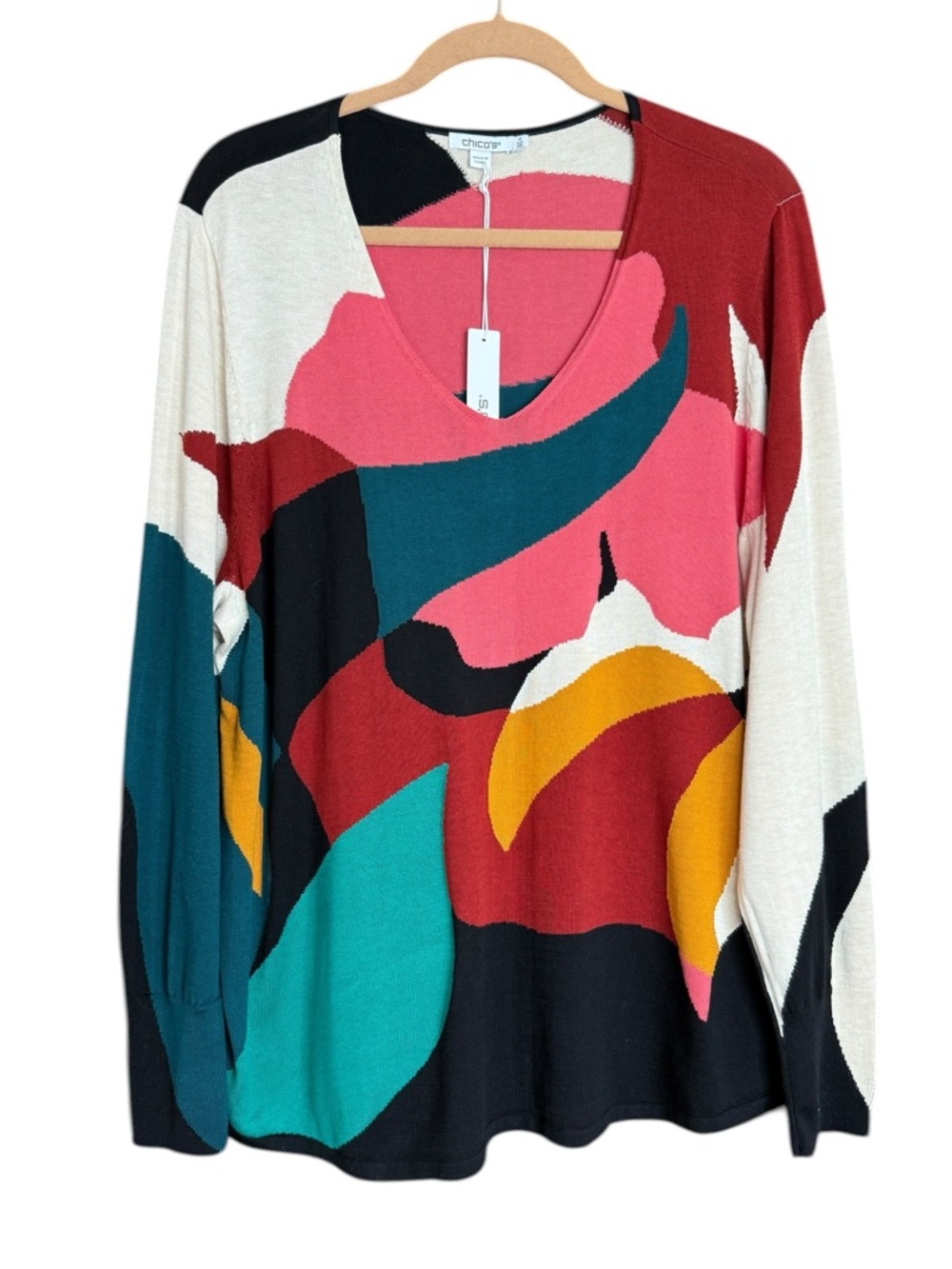 Chico’s NWT Peacock Teal Abstract Floral V-Neck Sweater Size 4 XXL - Picture 3 of 12